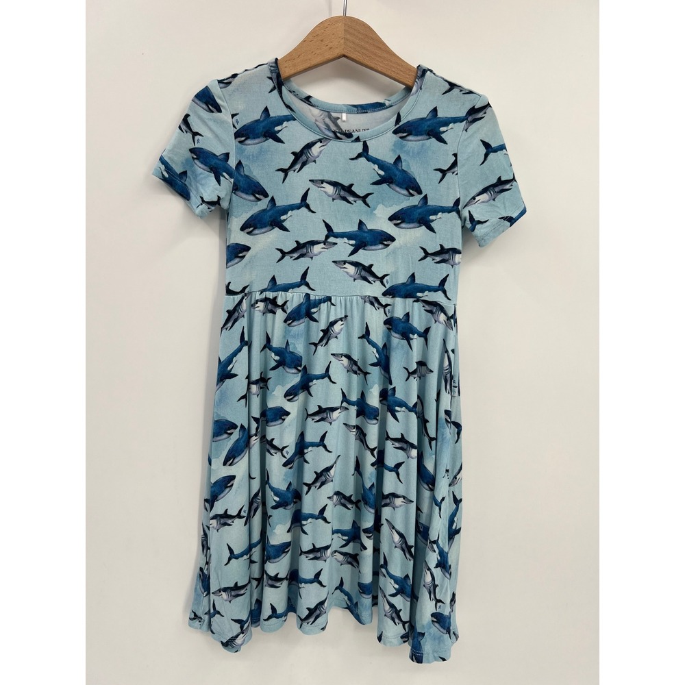 Posh Peanut Kids Blue Shark Print Bamboo Viscose Short Sleeve Dress 5T 6T